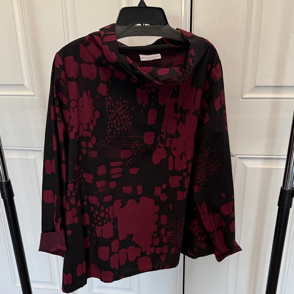 bryn Walker Burgundy and Black Abstract Cowl Neck Top